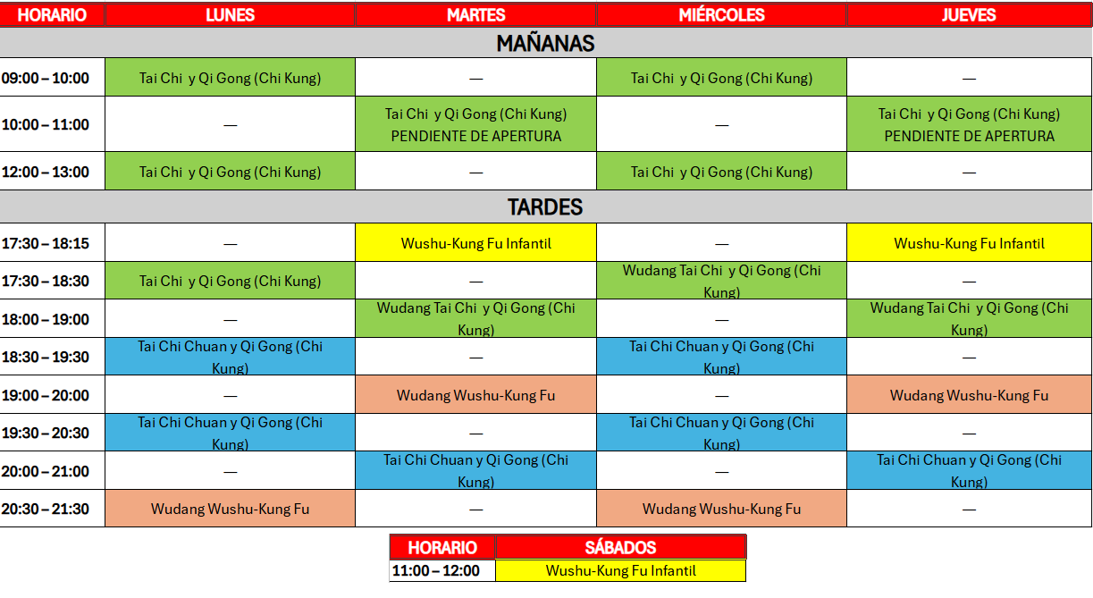 Horarios 2026/27 de Tai Chi, Qi Gong y Kung Fu en Wu Xing Dao, Madrid; detalle en texto a continuación